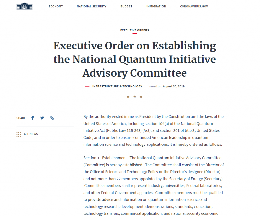 Executive Order on Establishing the National Quantum Initiative Advisory Committee