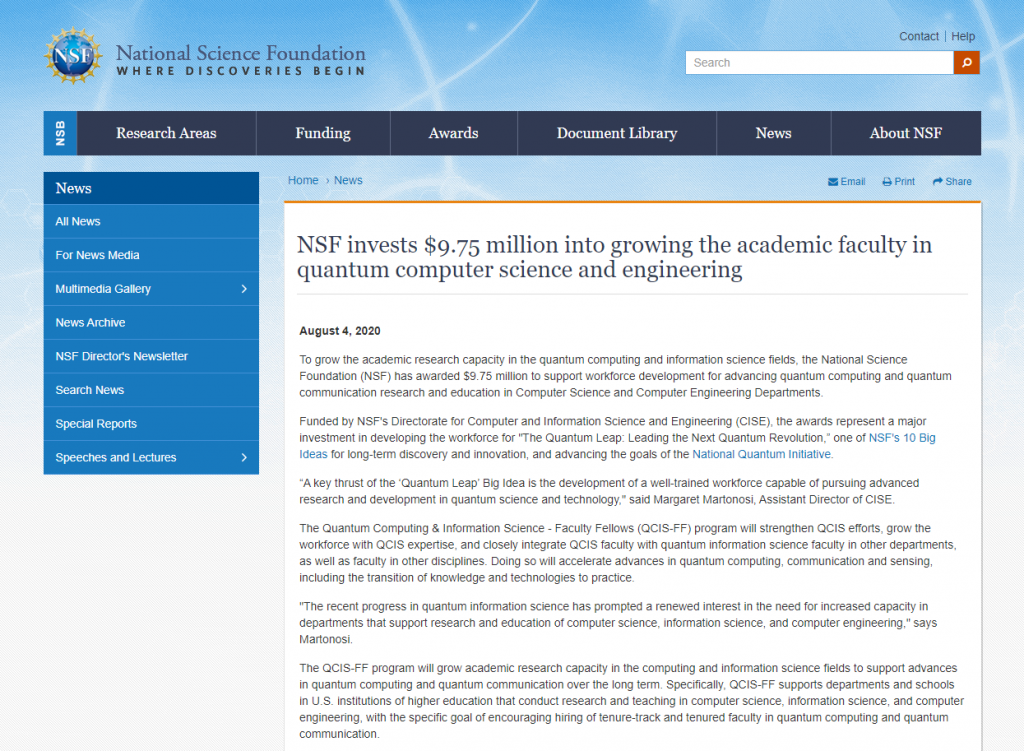 NSF invests $9.75 million into growing the academic faculty in quantum computer science and engineering