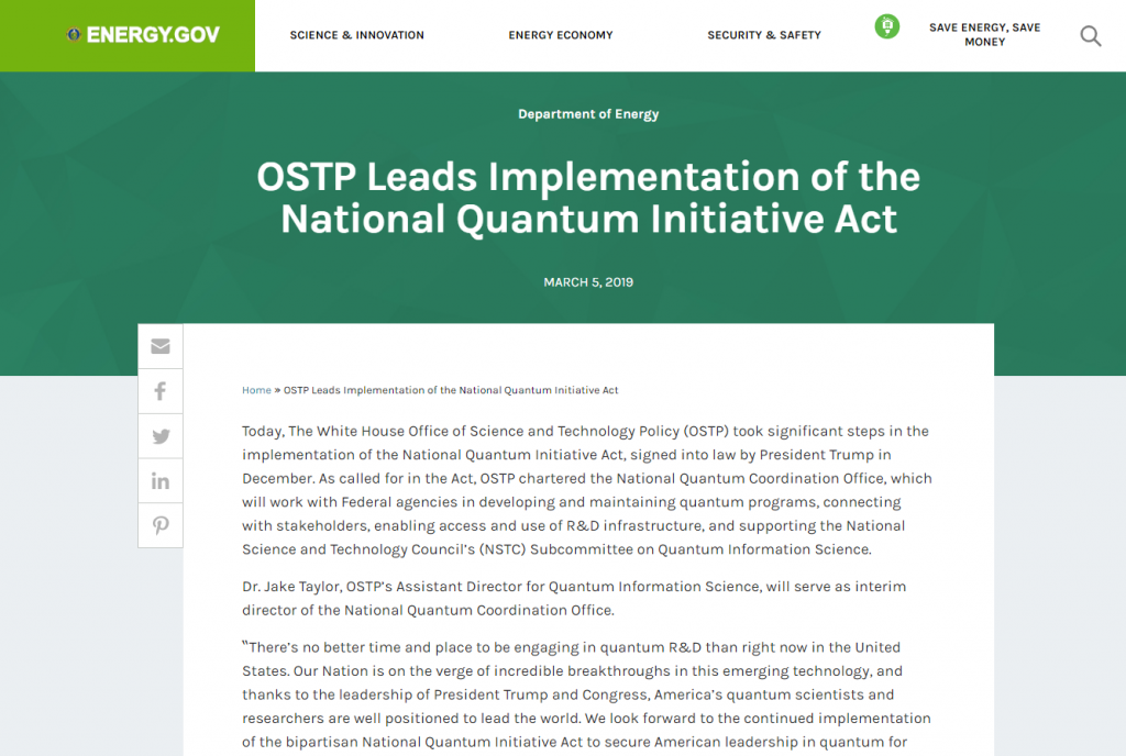 OSTP Leads Implementation of the National Quantum Initiative Act