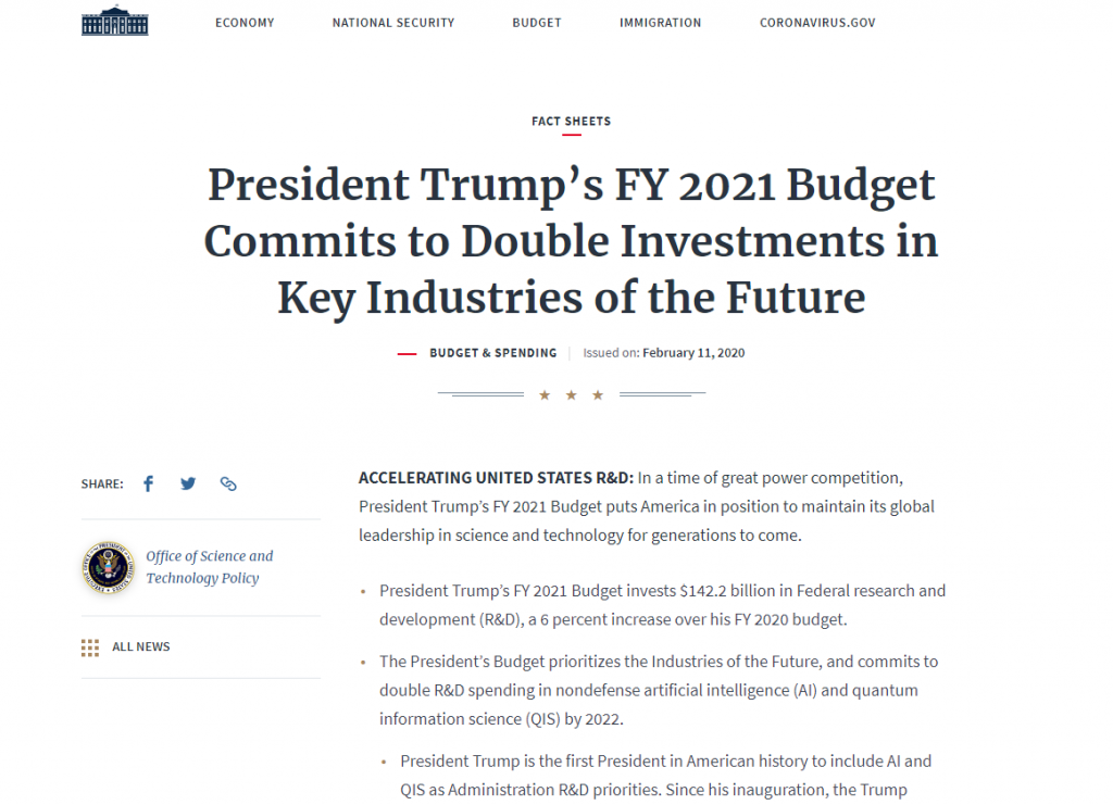 President Trump’s FY 2021 Budget Commits to Double Investments in Key Industries of the Future
