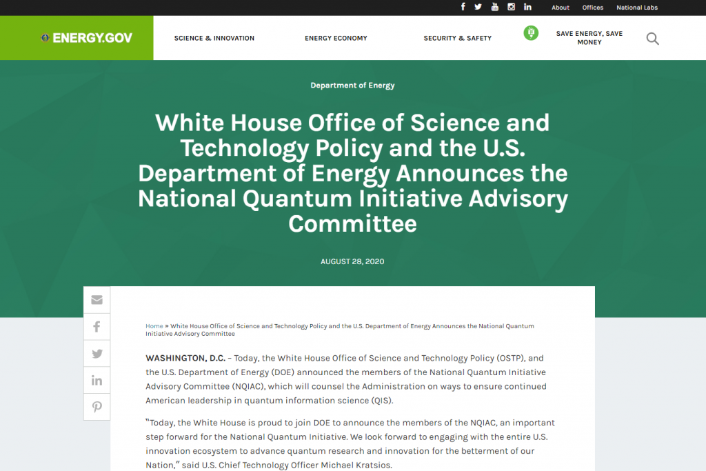 White House Office of Science and Technology Policy and the U.S. Department of Energy Announces the National Quantum Initiative Advisory Committee