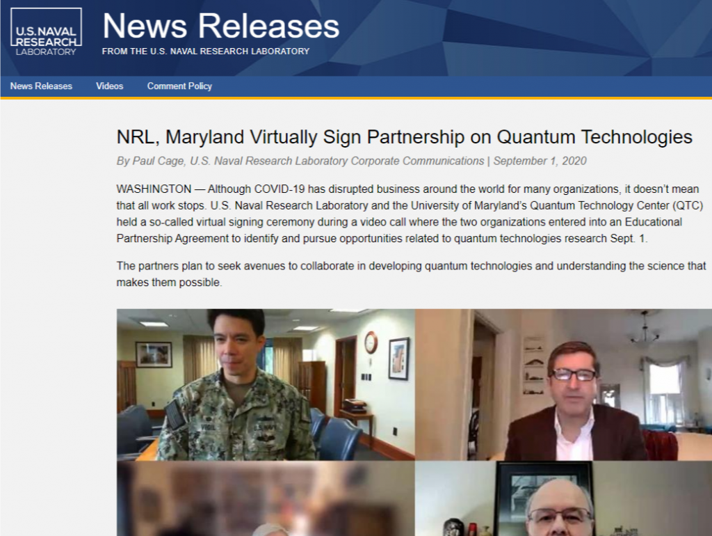 NRL, Maryland Virtually Sign Partnership on Quantum Technologies