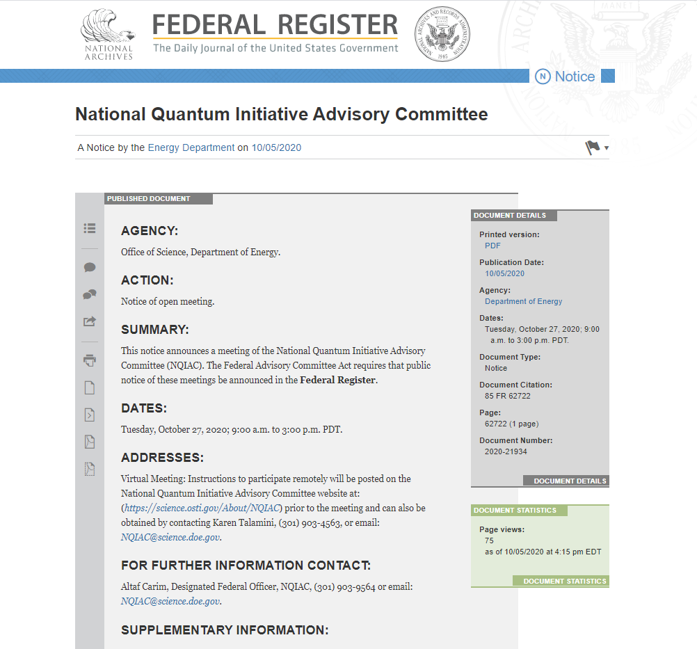 Notice of Meeting for the National Quantum Initiative Advisory Committee
