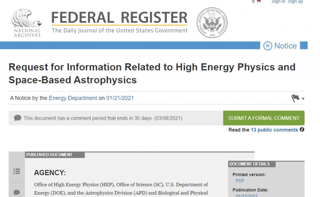 Request for Information Related to High Energy Physics and Space-Based Astrophysics
