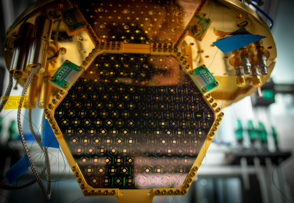The CMB-S4 Prototype Detector Array installed in the dilution refrigerator for cryogenic temperature characterization photographed in Building 50 at Lawrence Berkeley National Laboratory (Berkeley Lab).